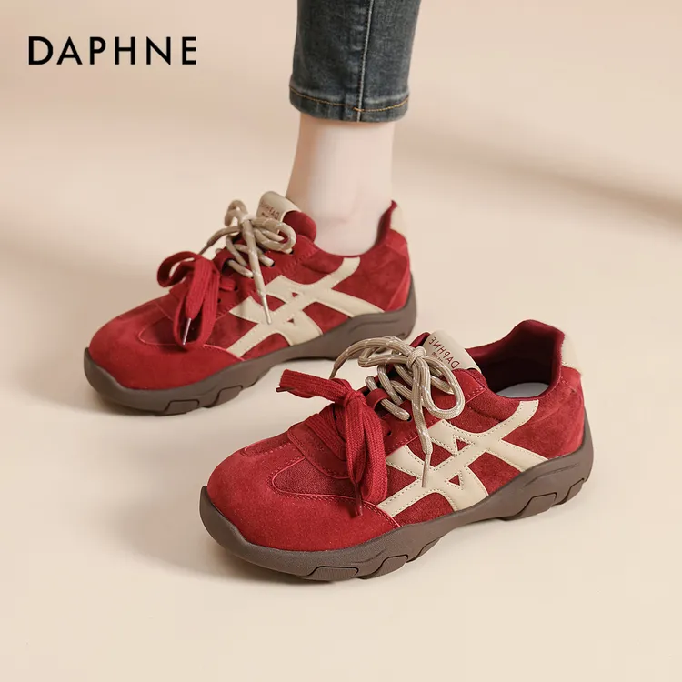 达芙妮红色德训鞋女冬季2025新款运动鞋厚底复古爆款巨好看休闲鞋