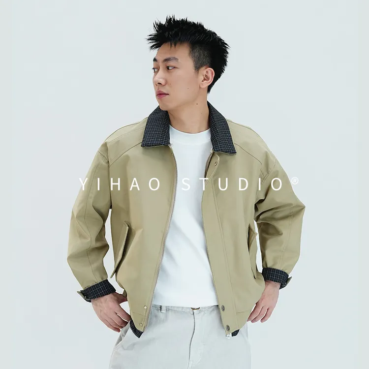 YIHAO STUDIO秋季男士假两件夹克miu系穿搭格纹短款巴恩风外套