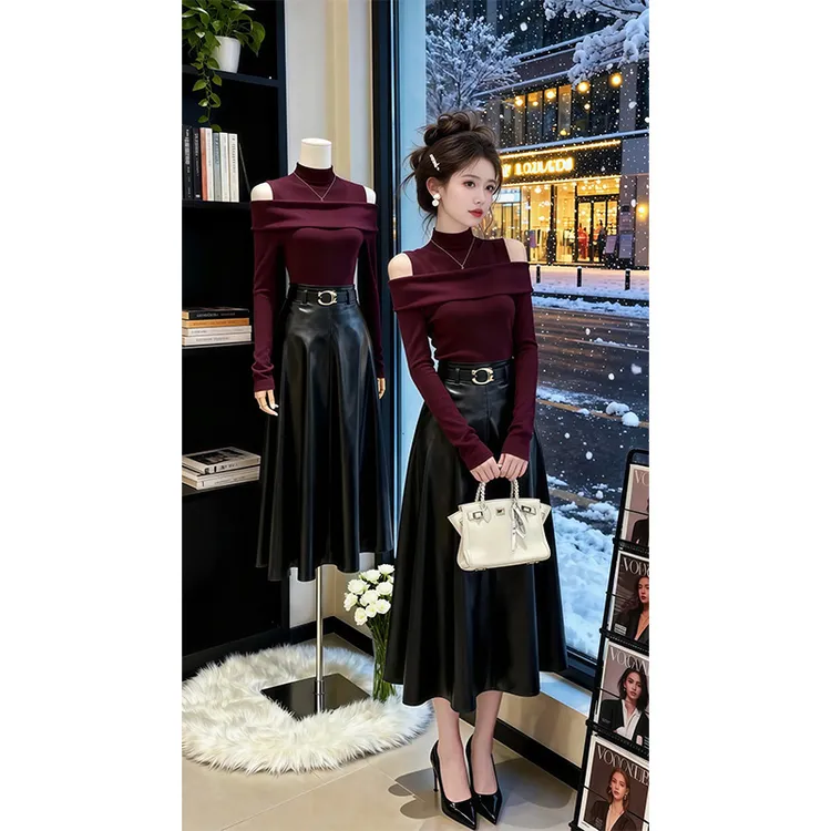 秋季穿搭针织毛衫上衣两件套大方得体气质PU半身皮裙两件套装