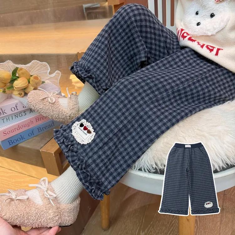 女童2025新款女宝宝冬季一体绒加绒加厚格子花边阔腿裤外穿裤子潮