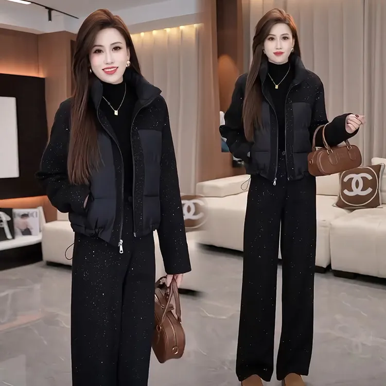时尚套装女2025秋冬新款亮片毛呢拼接棉服外套直筒阔腿裤两件套潮