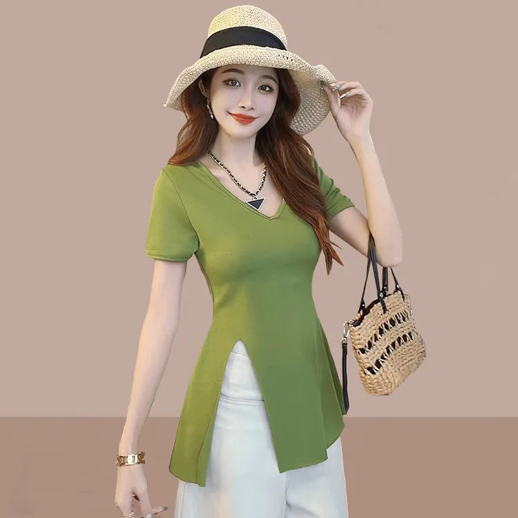 短袖t恤女装2025夏季新款时尚宽松遮肚子显瘦不规则开叉上衣爆款