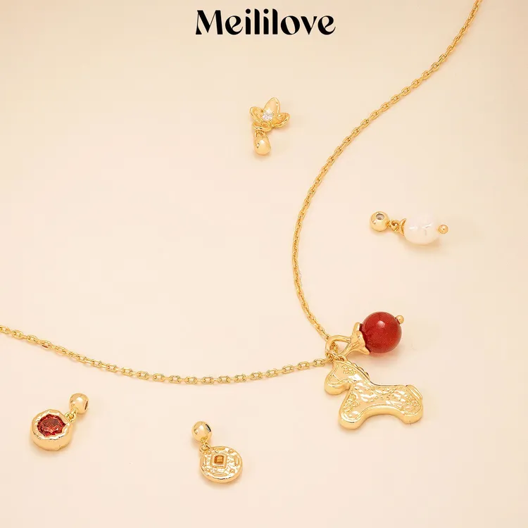 meililove/莓拉 铜合金合成锆石项链 「驮金载柿」DIY项链-多吊坠