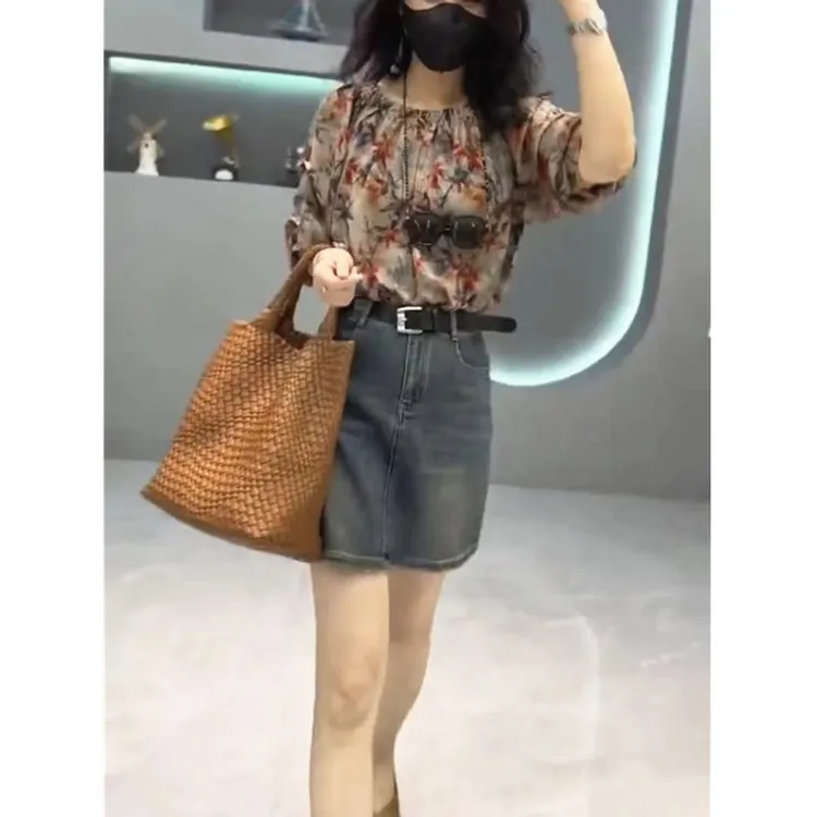 夏季新款韩版中袖碎花上衣时尚牛仔半身裙女