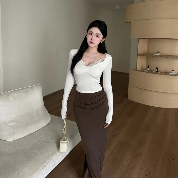 【纯纯欲动】纯欲低胸甜辣V领蕾丝短袖上衣修身气质包臀长裙两件套