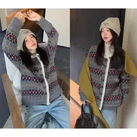 一三良品小个子 复古费尔岛提花蕾丝边针织毛衣开衫外套女冬T5A0U