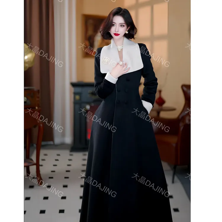 【大晶定制】“夜月交响曲”冬款[高支纯羊毛]气质撞色双排扣修身大衣