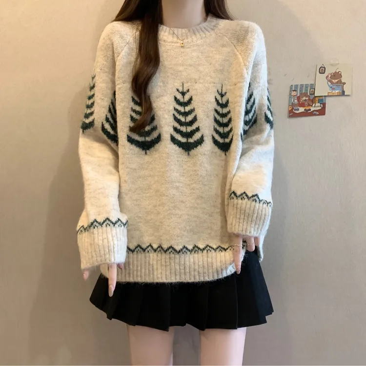 韩系大码女装圣诞树氛围感提花毛衣宽松胖MM秋冬慵懒软糯百搭上衣