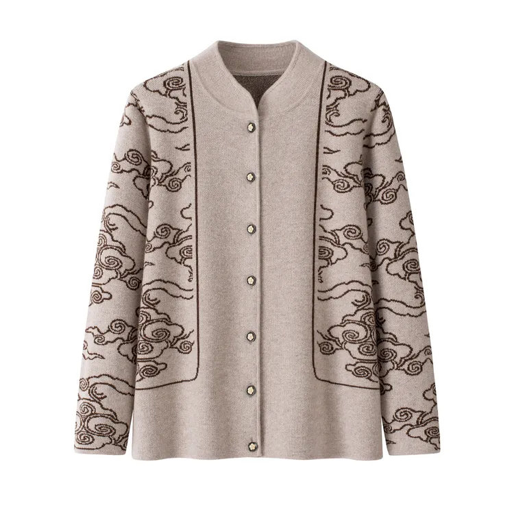 秋冬妈妈装羊毛衫立领毛衣大码开衫外套老人保暖针织衫奶奶装