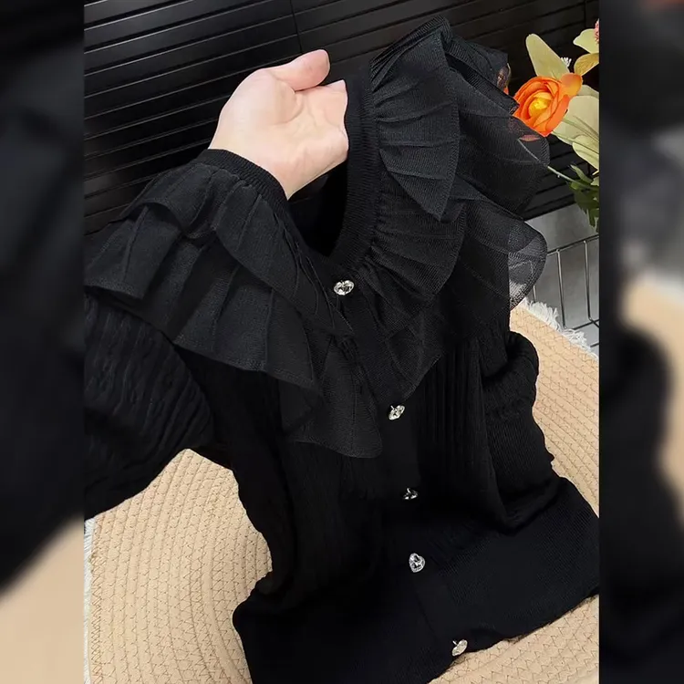 大码女装欧货时尚荷叶边修身显瘦上衣2025秋季气质百搭简约针织衫