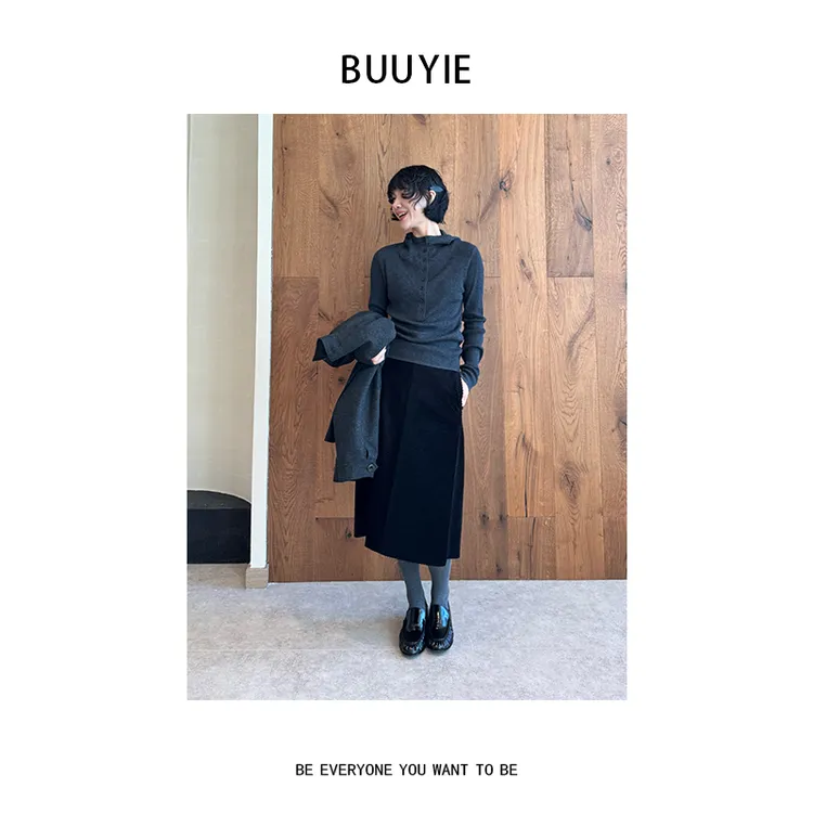 BUUYIE【砚绒】连帽针织衫上衣高知穿搭半开衫毛衣外套 251014