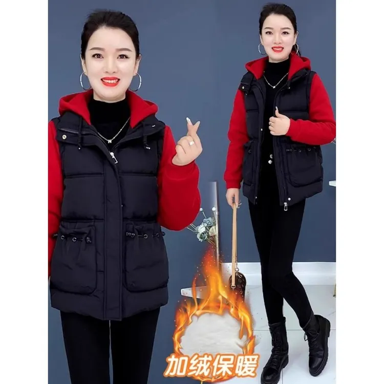 加绒加厚冬季新款连帽马甲假两件棉服短外套女士时尚拼接保暖棉衣
