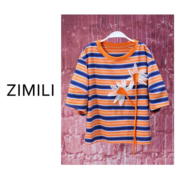 【亮哥女装】2025欧版《蜜渍》橘色条纹立体定花高克重短袖8991-H7