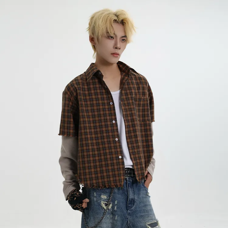 CDDR复古做旧毛边假两件格纹衬衫宽松廓形vintage设计感休闲外套