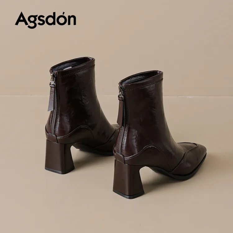 奥古狮登棕色尖头方跟短靴女2025秋季新款复古显瘦后拉链西部靴xx
