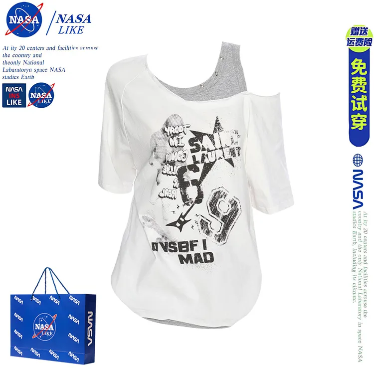 NASA微胖mm美式辣妹涂鸦印花假两件露肩短袖T恤女夏显瘦宽松上衣