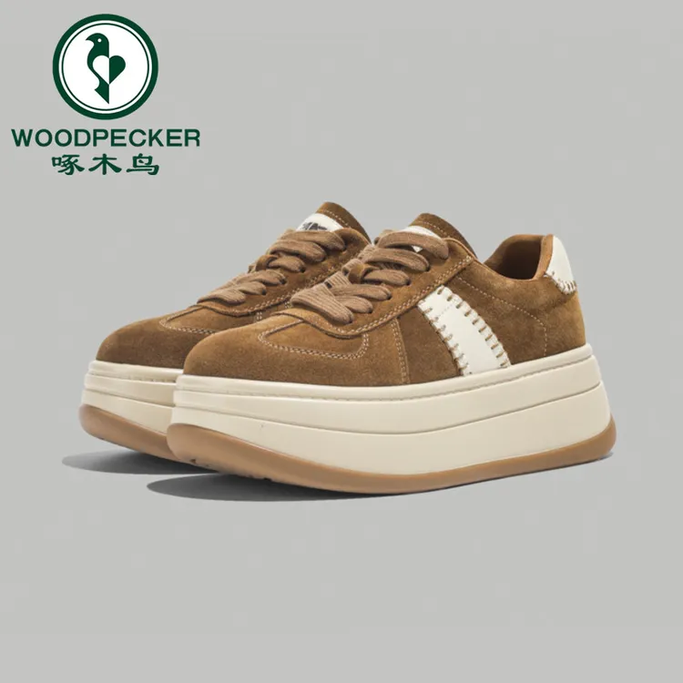 啄木鸟复古德训鞋女2025新款秋季增高厚底松糕鞋百搭低帮休闲板鞋