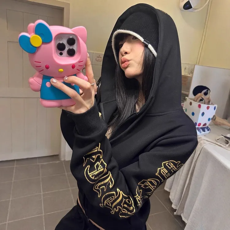 美式复古袖边哥特字母印花连帽开衫卫衣男女春秋宽松休闲外套