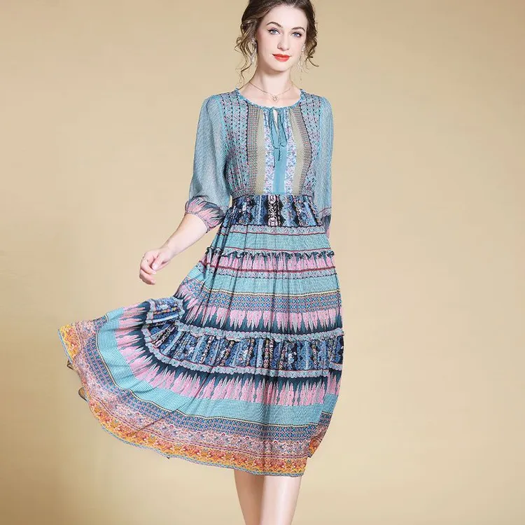 真丝连衣裙2025夏季新款高端轻奢大牌桑蚕丝复古民族风气质字裙