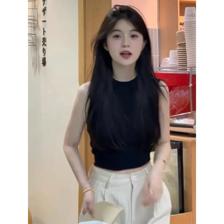 小众绝美吊带黑色显瘦背心T恤夏季圆领运动无袖外穿内搭无袖上衣