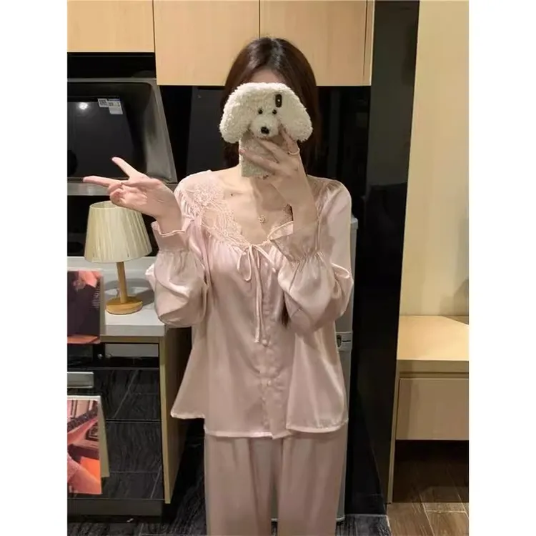 2025年新款法式高级感冰丝睡衣纯欲蕾丝长袖长裤家可外出居服套装