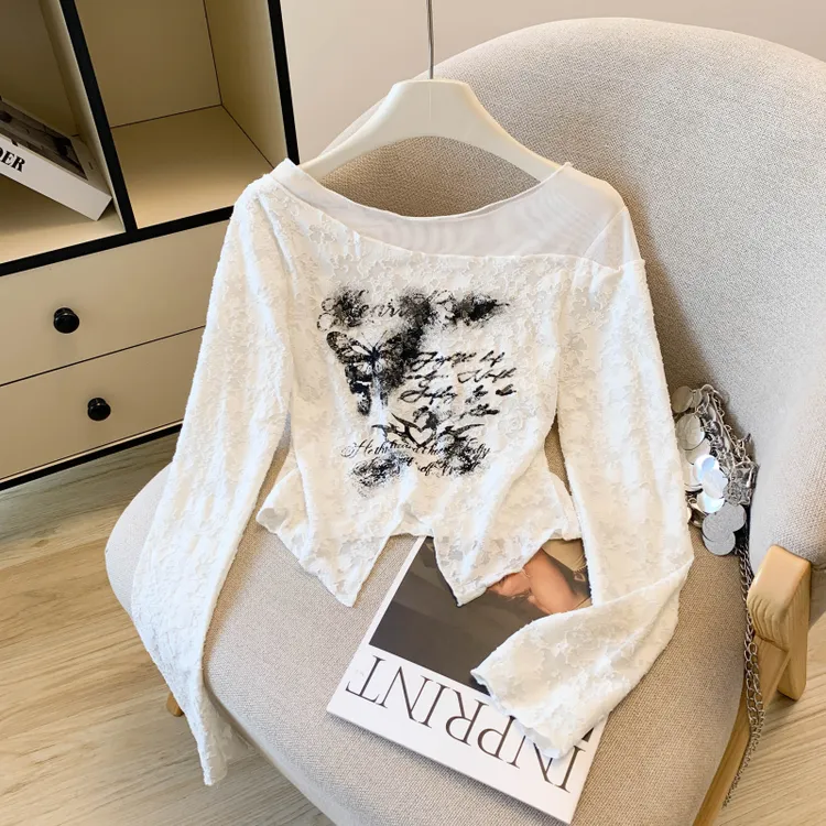 复古蝴蝶涂鸦网纱拼接长袖T恤女秋季不规则修身显瘦露脐短款上衣