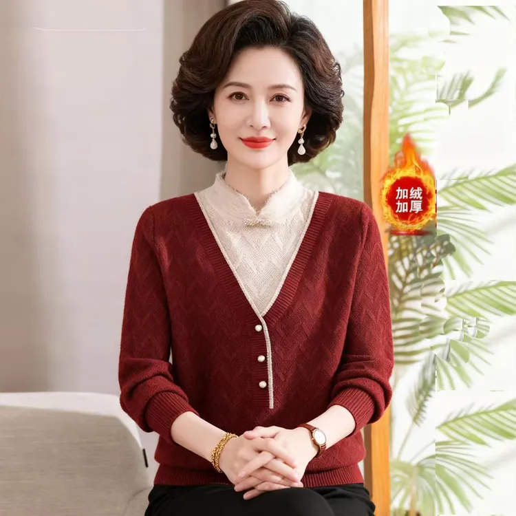 妈妈秋冬装保暖加厚毛衣旗袍领2025新款中老年一体绒上衣女打底衫