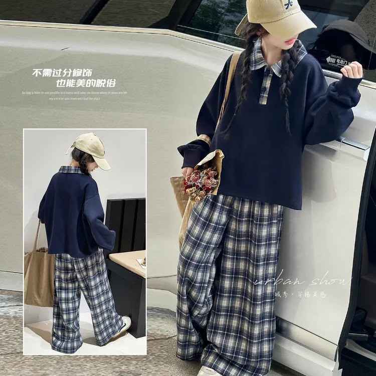 女童卫衣套装秋2025新款初中生女孩假两件上衣童装女大童秋装衣服