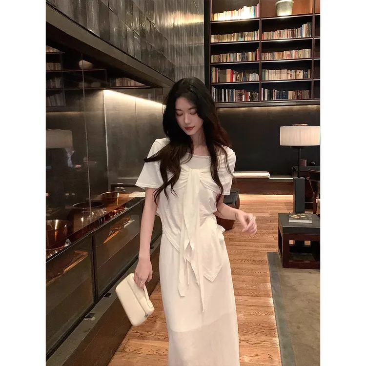 Norain不下雨 韩系松弛感不规则套装女春短袖T恤半身裙披肩三件套