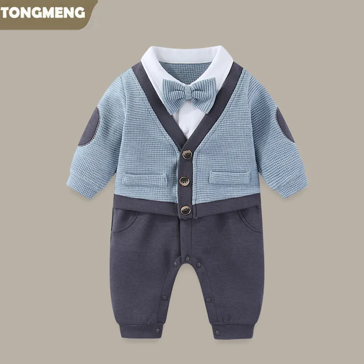 新生婴儿连体衣春秋装帅气绅士男宝宝长袖哈衣爬服小少爷百日礼服