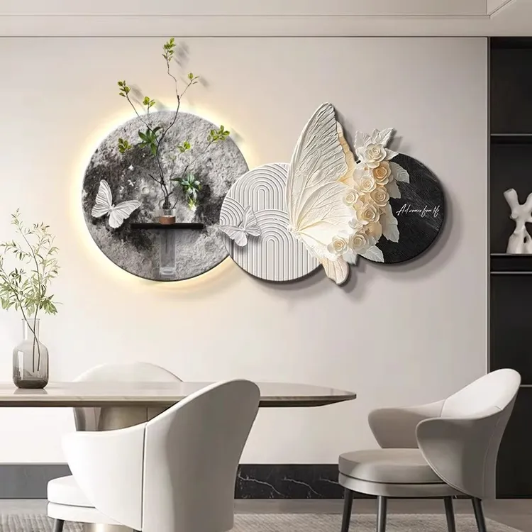 法式餐厅蝴蝶水培绿植装饰画轻奢高级感饭厅壁画led灯画客厅挂画