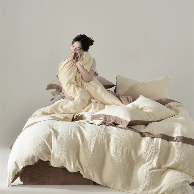 美拉德风A类裸睡双层皱皱纱全棉纯棉床单床笠被套床品家居四件套