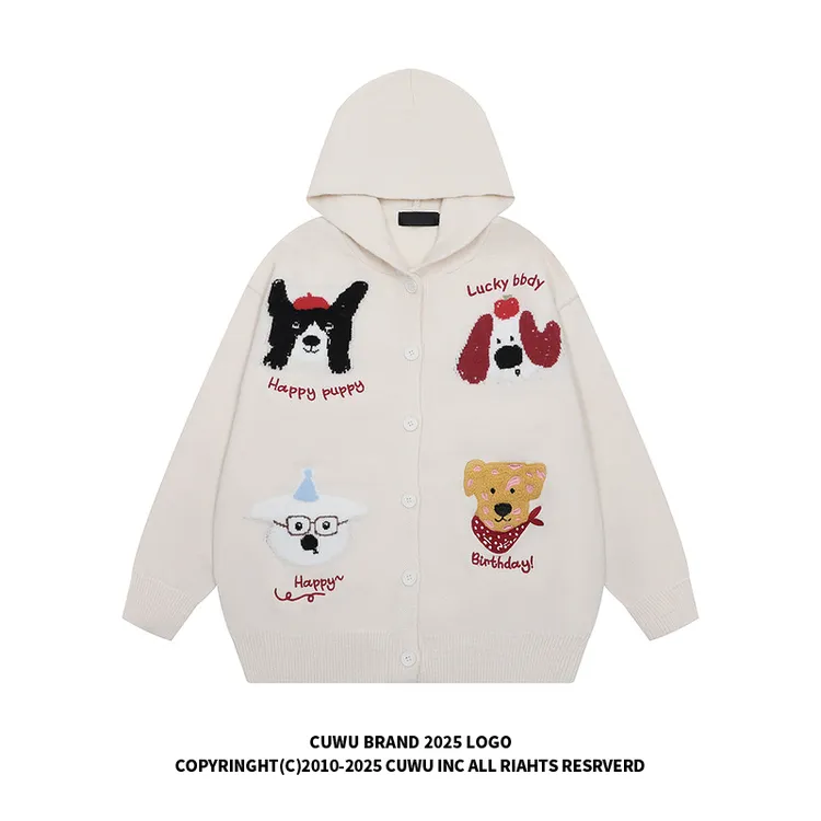 cuwu美式复古小狗刺绣提花连帽卫衣外套女男秋冬慵懒软糯针织上衣