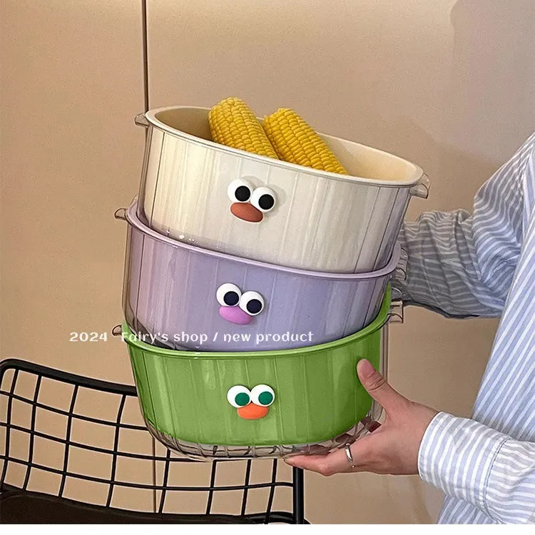 双层多巴胺沥水篮家用可爱水果篮子清洗滤水二合一加厚果盘洗菜篮