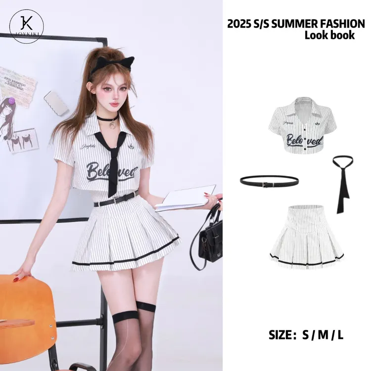 JOY KIKI鹅了么【芝加哥学姐】夏季学院风印花显瘦衬衫套装 J25B277