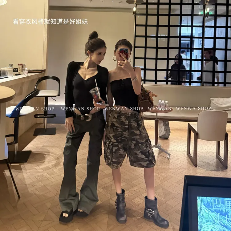 【高品私服】迷彩印花设计五分直筒牛仔裤