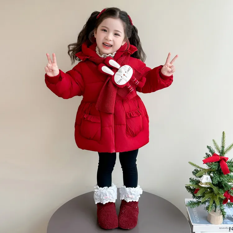 女童羽绒服洋气中长款红色儿童白鸭绒外套2025新款宝宝加厚款冬装