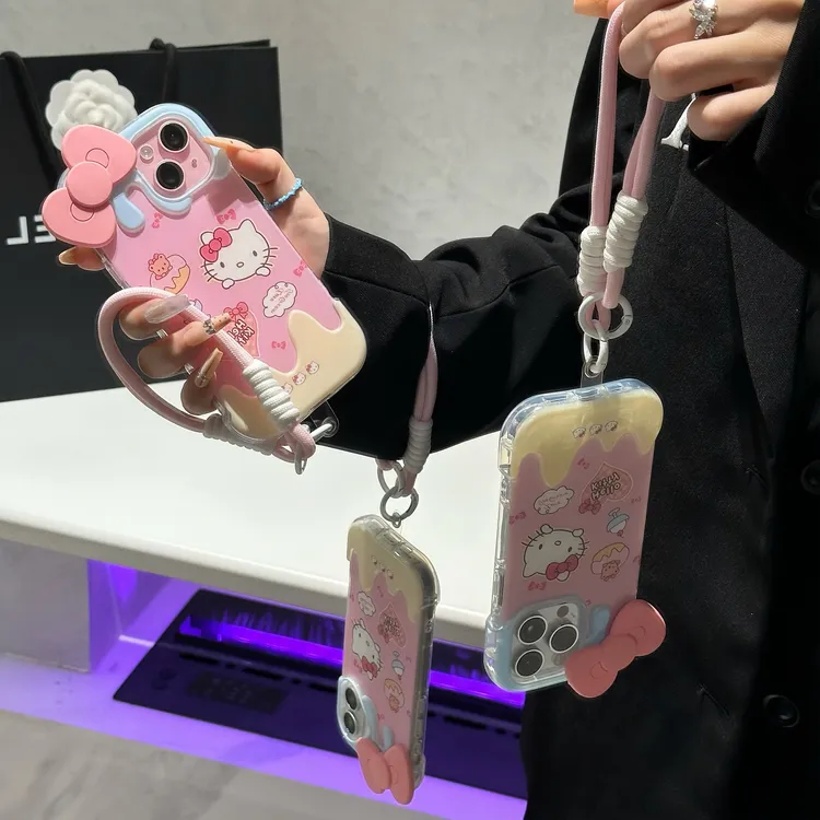 卡通KT猫蝴蝶结适用苹果16挂绳手机壳iphone13/14/15promax软1211