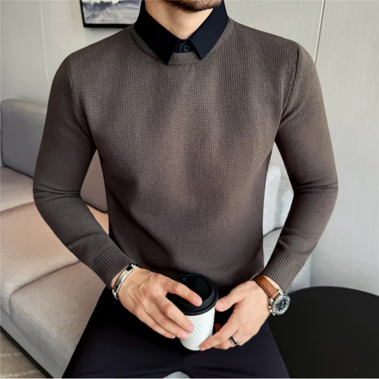猎撒休闲假两件针织衫男士秋冬季韩版修身衬衫领毛衣厚款线衫