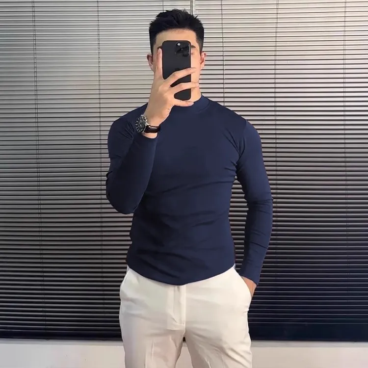 高级感男士修身长袖T恤2025新款圆领内搭成熟稳重男装打底衫上衣