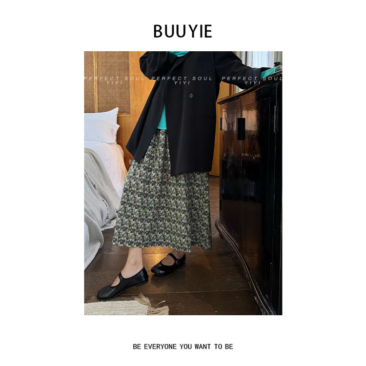 BUUYIE 25SS【棱析】复古碎花垂感宽松轻薄显瘦半身裙 250828