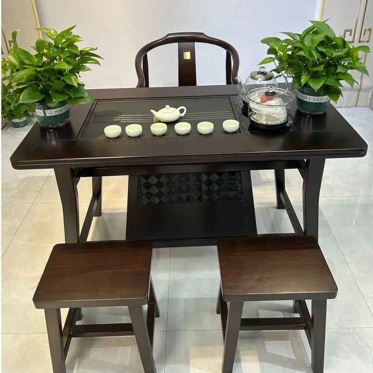 新中式小型乌金色茶台家用商用实木大板桌茶椅功夫茶具意式极简 