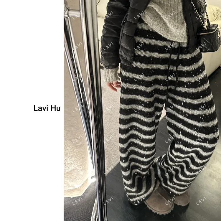 慵懒舞会 阔腿裤慵懒风针织条纹常规裤子25926
