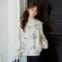 十三余小豆蔻儿[辋川忆]复古刺绣拉链外套黑色纯棉连帽卫衣女款