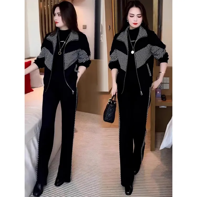 拉夏贝尔新款时尚减龄加绒加厚休闲套装女秋季2025年拼接格子外套