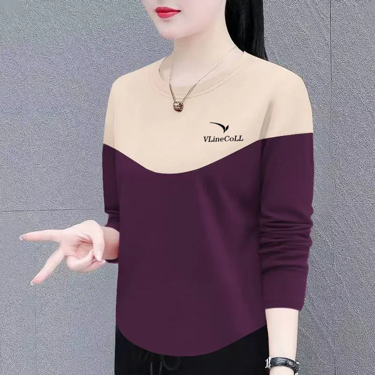 春秋新款100%纯棉长袖T恤女时尚休闲显瘦插色落肩圆领女士宽松t恤