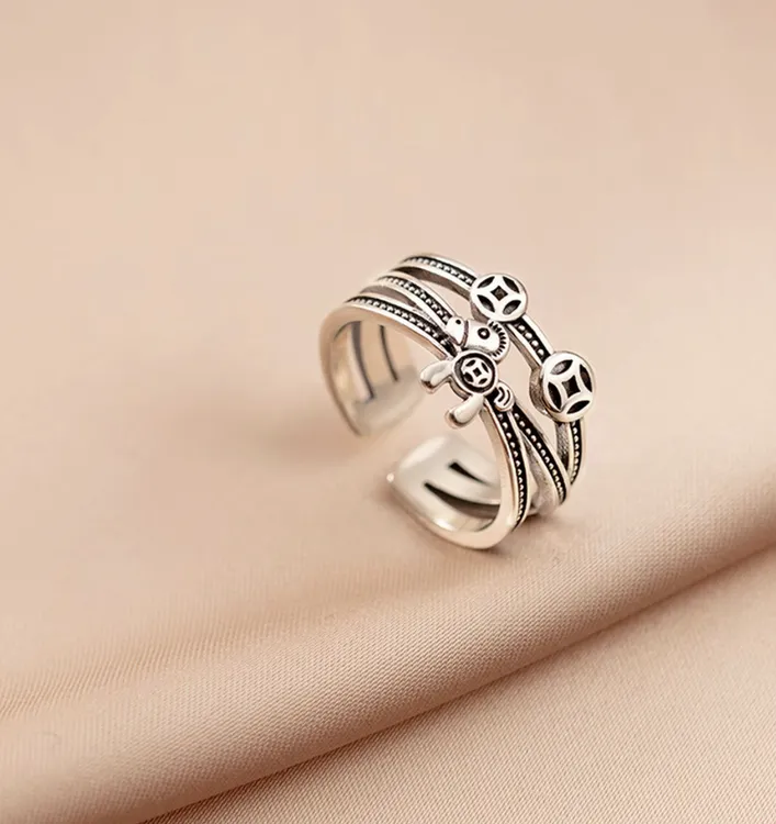 马上有钱戒指女款复古做旧铜币赢钱转运开口可调节招财食指环手饰