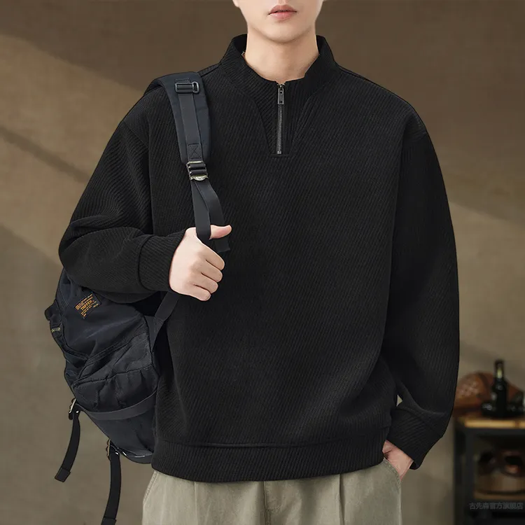 高端纹理感半高领拉链卫衣男秋冬季加绒保暖新款重磅潮牌大码衣服