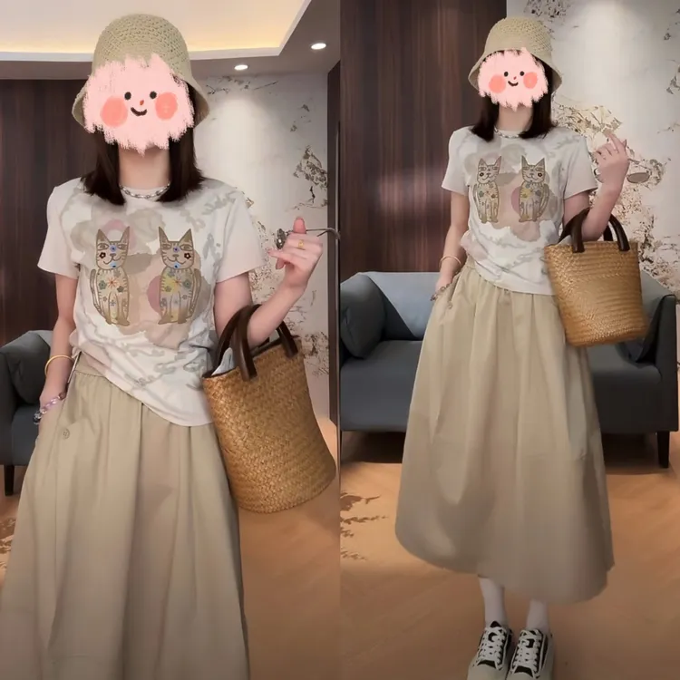 2025夏季新款时尚休闲复古印花短袖T恤+半身裙两件套减龄套装时髦