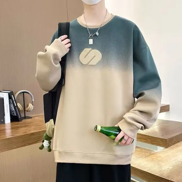 春秋圆领渐变色卫衣男2025青少年美式休闲宽松印花打底衫长袖上衣